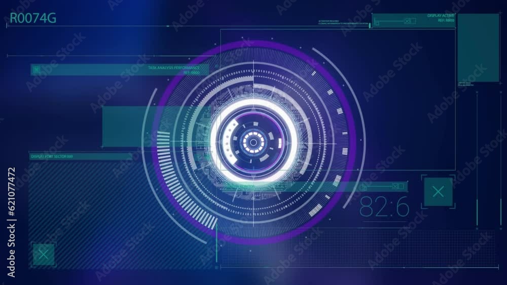 Animation of neon round scanner over interface with data processing against blue background Animation of neon round scanner over interface with data processing against blue background