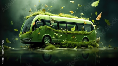 Modern electric bus with green leaves and plants. Bus ecology, eco transport, renewable and clean energy concept.