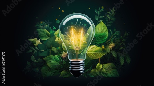Light bulb filled with green leaves and plants. Concept of renewable and clean energy, sustainable resources, Earth Day. photo