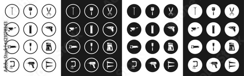 Set Scissors, Ruler, Wheelbarrow, Metallic nail, Electric hot glue gun, Putty knife, Cement bag and Hand saw icon. Vector