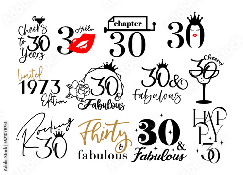 Thirty and fabulous 30th birthday celebration. Cake topper shirt template for cut file set. Cheers to Thirty years anniversary.