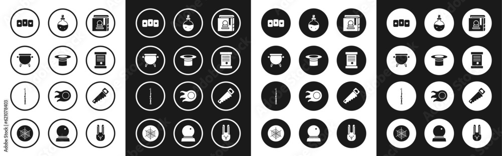 Set Ancient magic book, Magician hat, Witch cauldron, Playing cards, Decree, paper, parchment, scroll, Bottle with love potion, Hand saw and wand icon. Vector Set Ancient magic book, Magician hat, Witch cauldron, Playing cards, Decree, paper, parchment, scroll, Bottle with love potion, Hand saw and wand icon. Vector