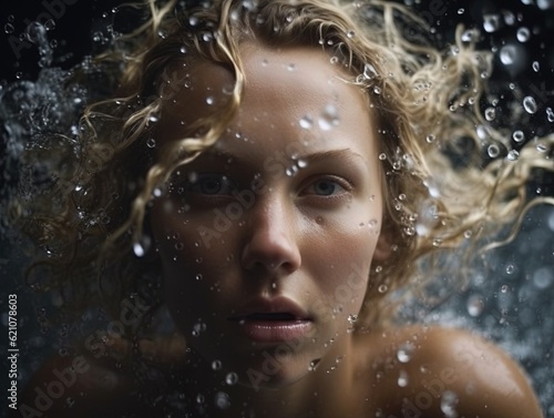 a young woman is underwater with hair and water around her face