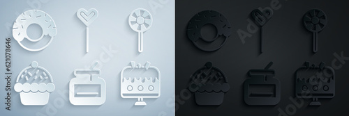 Set Jar of honey, Lollipop, Cupcake, Cake plate, and Donut icon. Vector