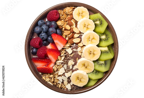aerial view, açaí bowl with fruits kiwi apple banana and cereal, transparent background photo