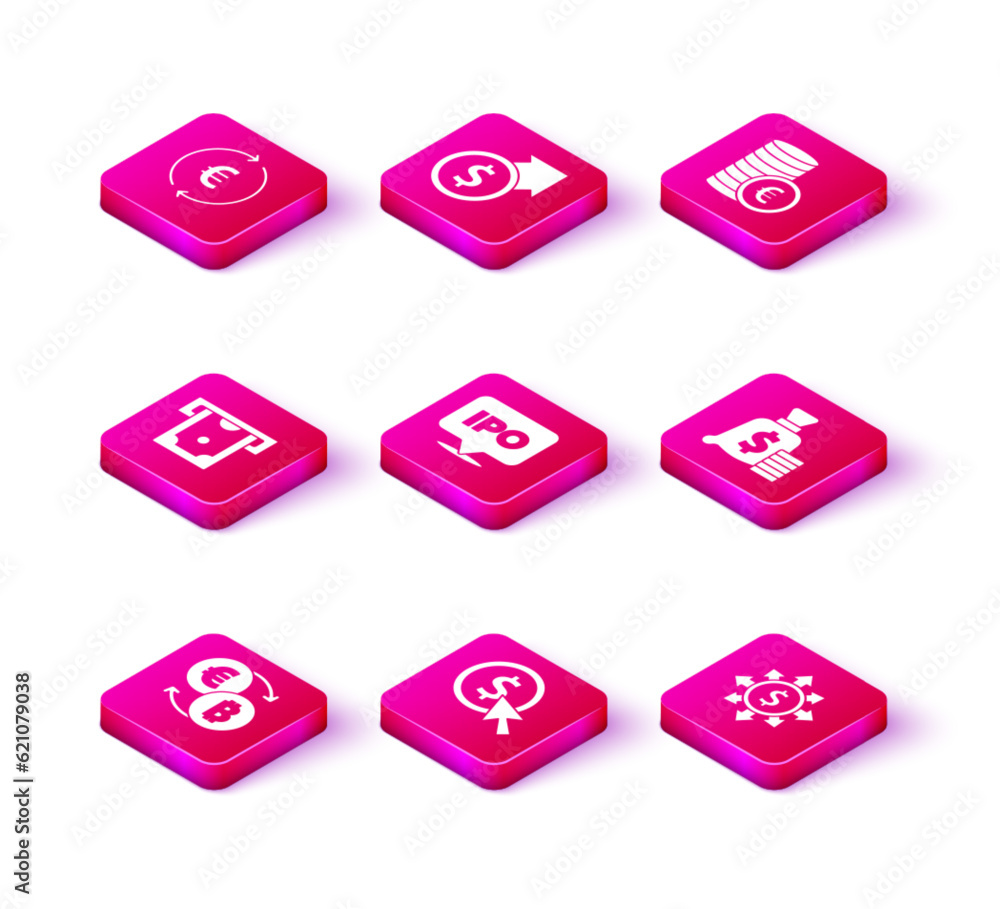 Set Cryptocurrency exchange, Coin money with dollar, ATM and, IPO, Dollar, share, network, Money bag, euro symbol and Financial growth icon. Vector Set Cryptocurrency exchange, Coin money with dollar, ATM and, IPO, Dollar, share, network, Money bag, euro symbol and Financial growth icon. Vector