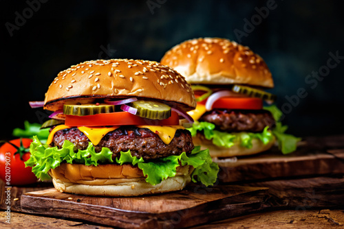 Hamburger. Cheese burger - American cheese burger with Golden French fries and ketchup. Big tasty hamburger with meat, cheese and vegetables on black background. Generative AI technology.