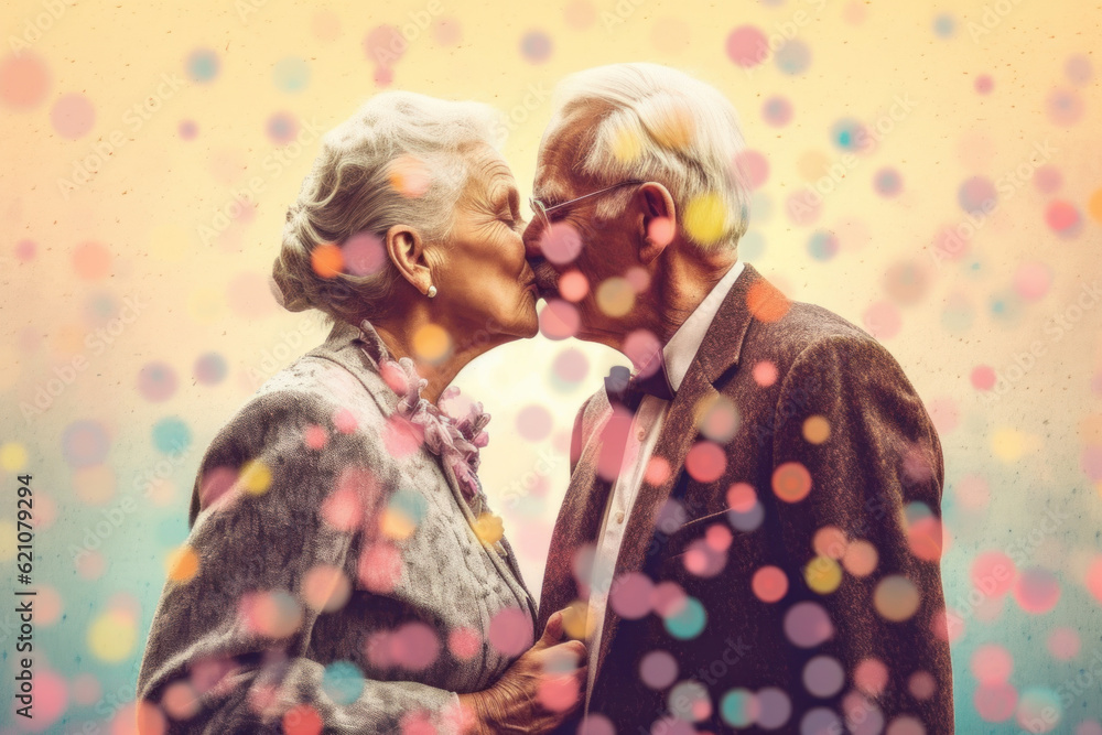 Elderly man and woman kissing. Colorful bokeh background. Elderly man and woman kissing. Colorful bokeh background.