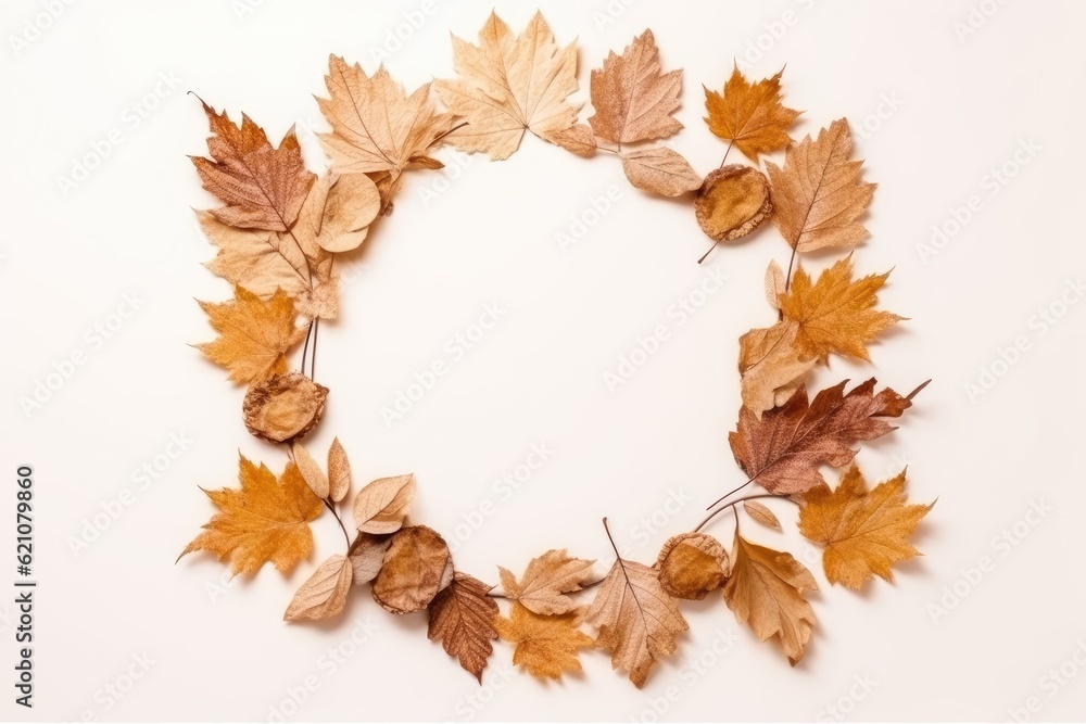 Fall composition Autumn dried leaves frame on white backdrop Copy space, flat lay, top view, anime style Fall composition Autumn dried leaves frame on white backdrop Copy space, flat lay, top view, anime style
