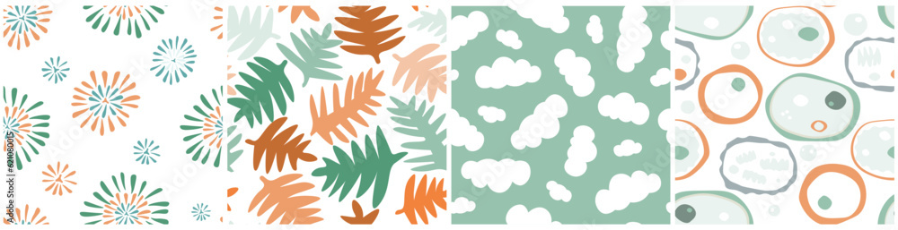 The set is a seamless pattern with abstract flowers, petals, leaves, clouds. Simple natural forms. Vector graphics.