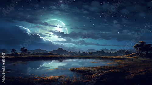 landscape, artwork, night landscape with moon and stars, generative ai 