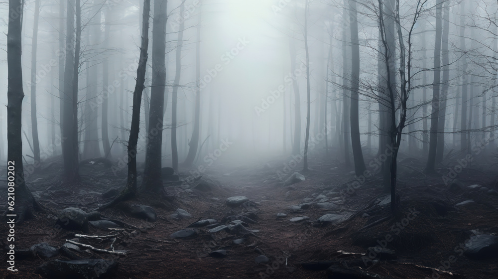 Panorama of foggy forest. Fairy tale spooky looking woods in a misty day. Cold foggy morning in horror forest, generative ai 