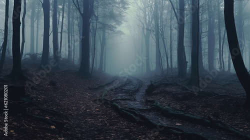 Panorama of foggy forest. Fairy tale spooky looking woods in a misty day. Cold foggy morning in horror forest  generative ai 