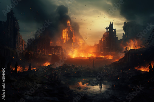 ruined city with burning buildings  consequences of the war  generative ai 