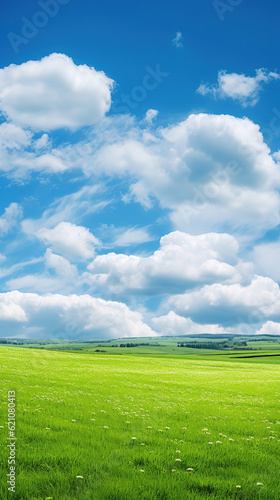 Spring panoramic landscape. Sky with fluffy clouds over green field  generative ai 