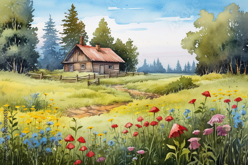 Summer landscape, artwork. Old house in the woods, watercolor painting of a landscape in the morning, landscape with flowers and grass, generative ai 