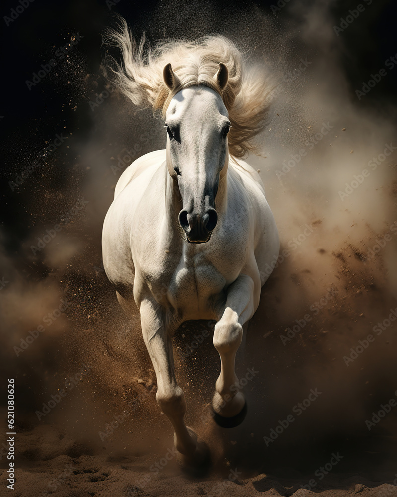 White horse run forward in dust on dark background, generative ai White horse run forward in dust on dark background, generative ai