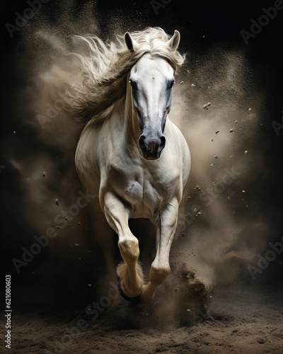 White horse run forward in dust on dark background, generative ai  © vvalentine
