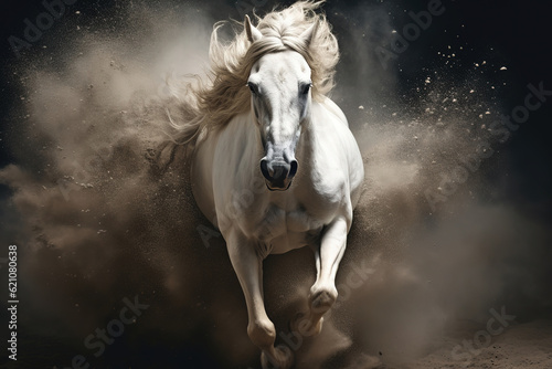 White horse run forward in dust on dark background  generative ai 