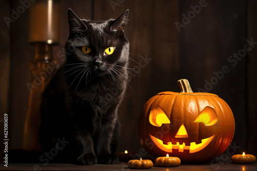 wickedly grinning black cat with glowing eyes perched on a jack-o-lantern, generative ai © vvalentine