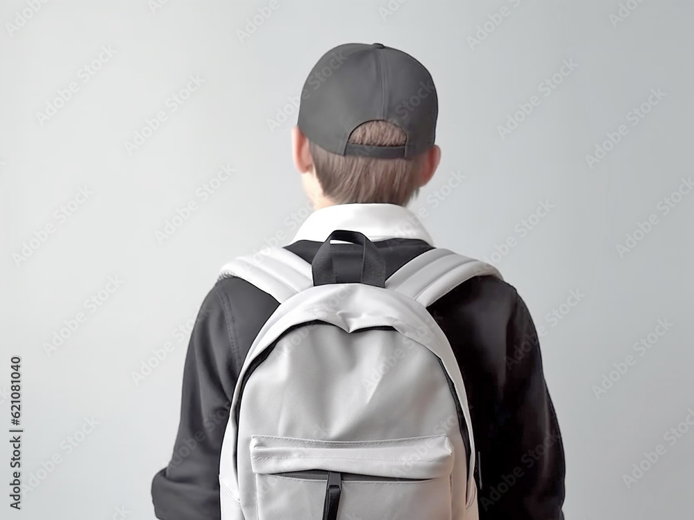 A boy with a small urban backpack on his shoulders, viewed from the back and studio shot on an isolated background. Generative AI A boy with a small urban backpack on his shoulders, viewed from the back and studio shot on an isolated background. Generative AI