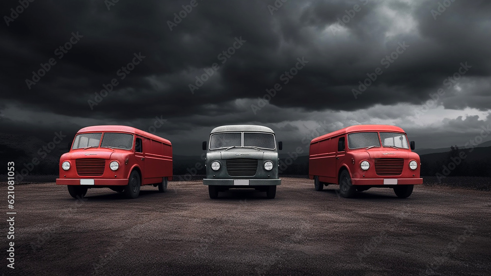 Vintage multi-colored minibuses or minivans. Generative AI
