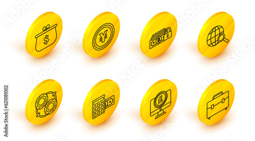 Set line Briefcase, Computer monitor with pound sterling symbol, Calculator dollar, Gear and arrows workflow process concept, Magnifying glass globe, Money lock, Coin money Yen and Wallet icon. Vector