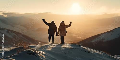 A man and a woman joyfully jump on the top of a winter snow-covered mountain at sunrise or sunset sun  view from the back. Generative AI