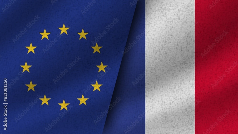 France and European Union Realistic Two Flags Together, 3D Illustration France and European Union Realistic Two Flags Together, 3D Illustration