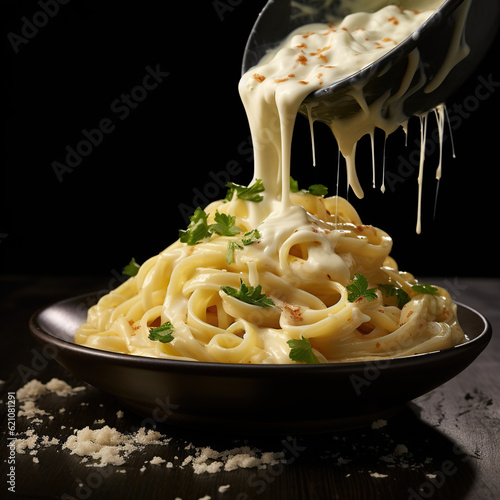 Fototapeta fettuccine alfredo with parmesan cheese isolated on black background