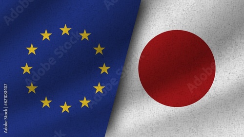 Japan and European Union Realistic Two Flags Together, 3D Illustration