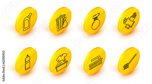 Set line Toilet brush, Brush for cleaning, Plastic basin with soap suds, bottles liquid dishwashing liquid, Rubber gloves, Trash can and garbage bag and icon. Vector