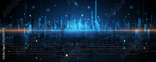 Vector illustration urban architecture, cityscape with space and neon light effect. Modern hi-tech, science, futuristic technology concept. Abstract digital high tech city design for banner background