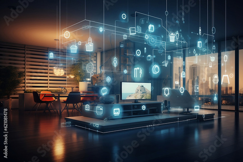 the concept of the Internet of Things with an image of a smart home, featuring various connected devices and appliances AI