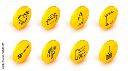 Set line Handle broom, Electric iron towel, Vacuum cleaner, Toilet brush, Trash can, Plastic bottles for liquid dishwashing liquid, basin with soap suds and Rubber gloves icon. Vector