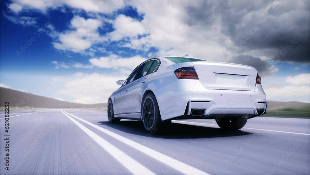 Generic white car on highway. Very fast driving. Generic white car on highway. Very fast driving.