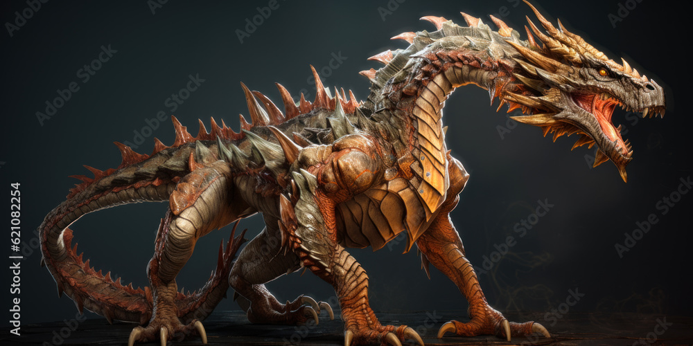 Obraz premium Terrifying dragon scaring off everybody with his grin. Mystic mythical creature isolated on the black backdrop. Generative AI.