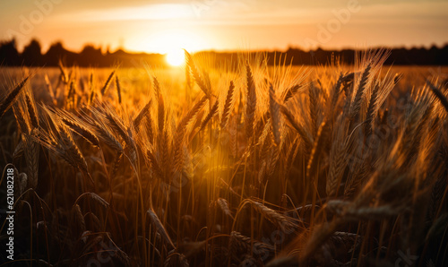 Dry ears of corn in the rays of setting sun. Ripe crop in the farmland. Blurred backdrop. Generative AI.