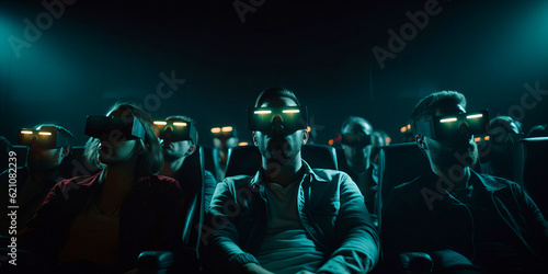 Spectators in virtual reality glasses with lights. People watching movie in the cinema. Generative AI.