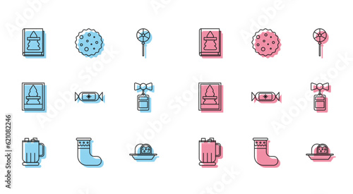 Set line Hot chocolate cup with marshmallows, Christmas stocking, book, Marzipan sponge cake, Candy, Price tag inscription Sale, postcard and Cookie or biscuit icon. Vector