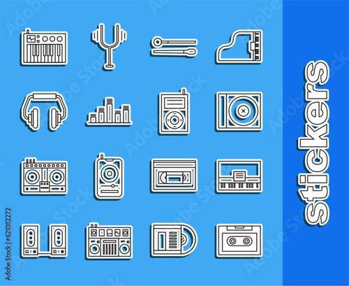 Set line Retro audio cassette tape, Piano, CD or DVD disk, Drum sticks, Music equalizer, Headphones, synthesizer and MP3 player icon. Vector