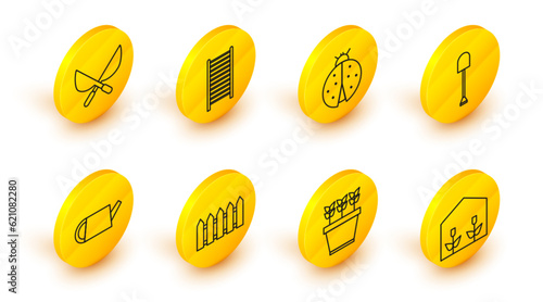 Set line Home greenhouse and plants, Plants in pot, Garden fence wooden, Watering can, Shovel, Ladybug, Wooden staircase and Gardening handmade scissors icon. Vector