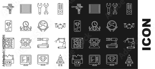 Set line Robot, Industrial machine robotic robot arm hand factory, Drone flying with action camera, Spanner, digital time manager, Bot, Mechanical screwdriver and vacuum cleaner icon. Vector