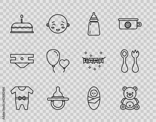 Set line Baby clothes, Teddy bear plush toy, bottle, dummy pacifier, Cake with burning candles, Balloons form of heart, Newborn baby infant swaddled and cutlery fork spoon icon. Vector