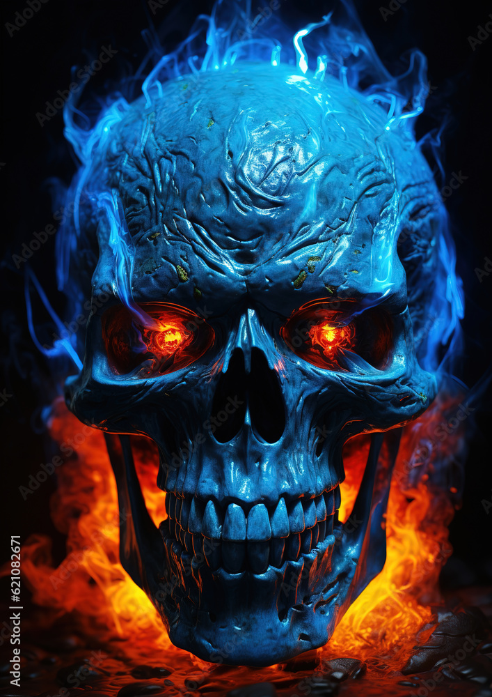 blue skull with fire coming out of its head, generative ai blue skull with fire coming out of its head, generative ai
