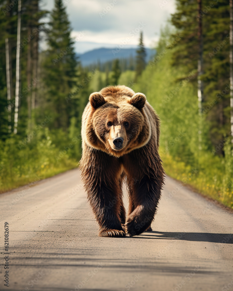 Fototapeta premium brown bear on a road, generative ai 