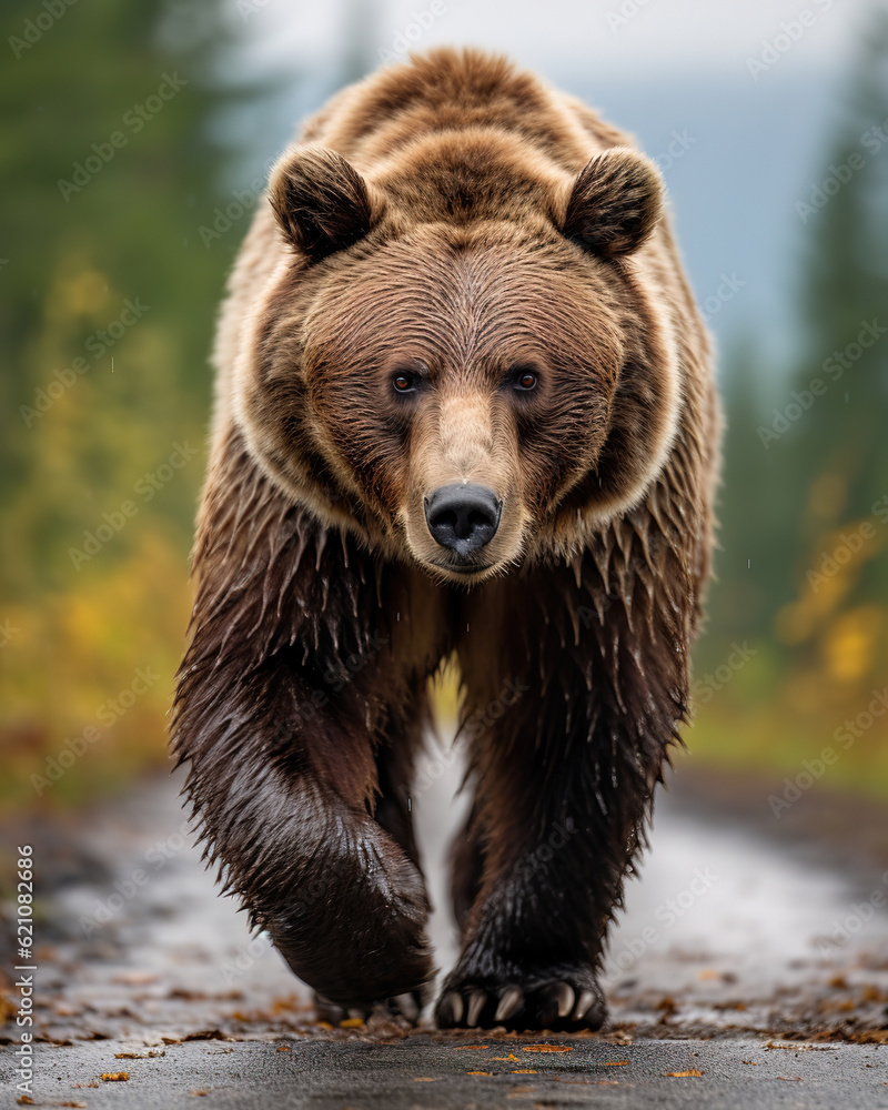 Fototapeta premium brown bear on a road, generative ai