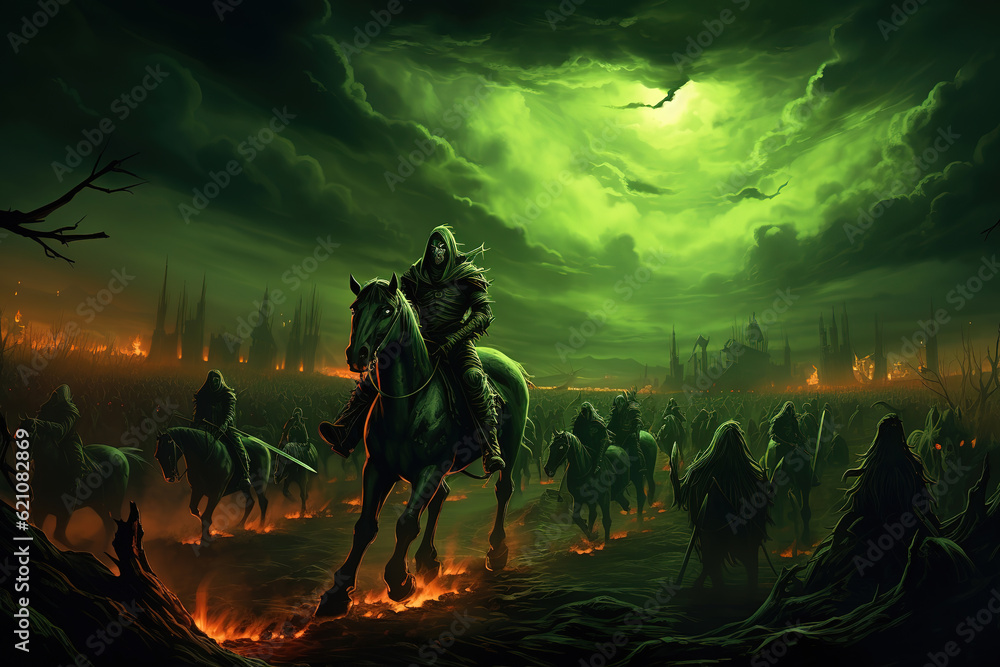 Fototapeta premium Death on horseback leads an army of the dead to war. Green fire illuminates the sky, generative ai 