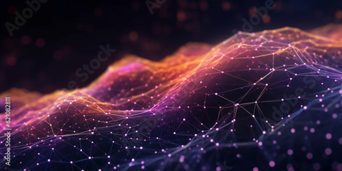 Cyber big data flow. Blockchain data fields. Network line connect stream. Concept of AI technology, digital communication, science research, 3D illustration