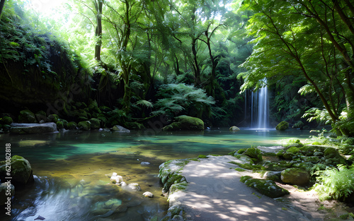 Serene river village environment by green grass foliage of trees